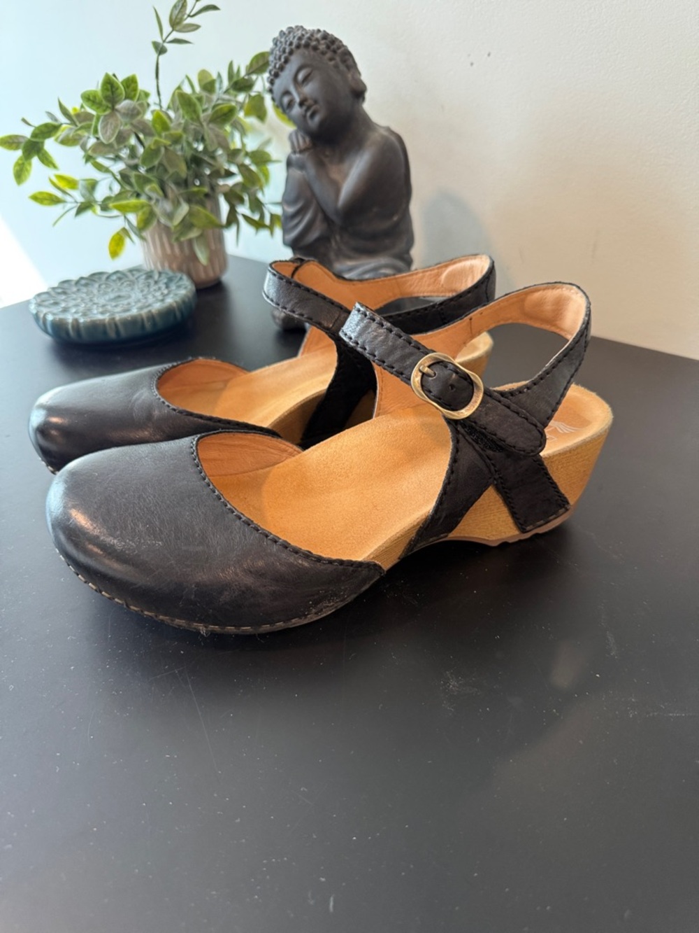 Dansko Black Mary Jane Leather Wedge Sandals